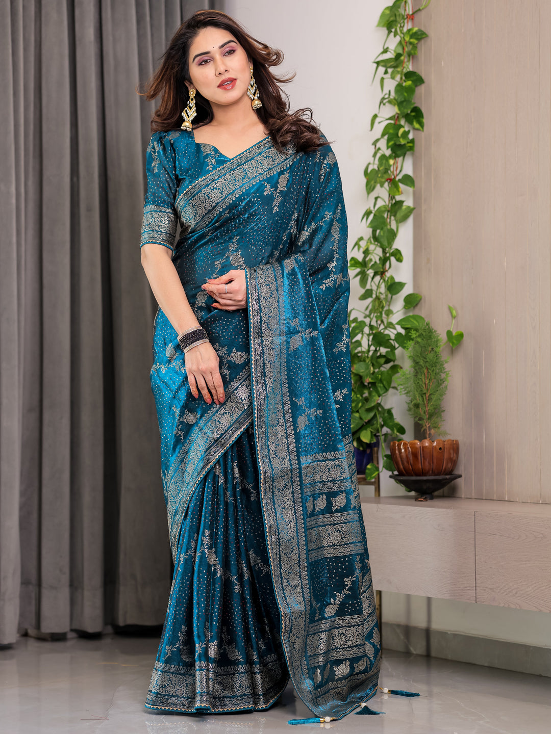 Teal Blue Fendi Satin Floral Block & Foil Printed Saree with Ornamental Border, Tassel Edges & Attached Blouse