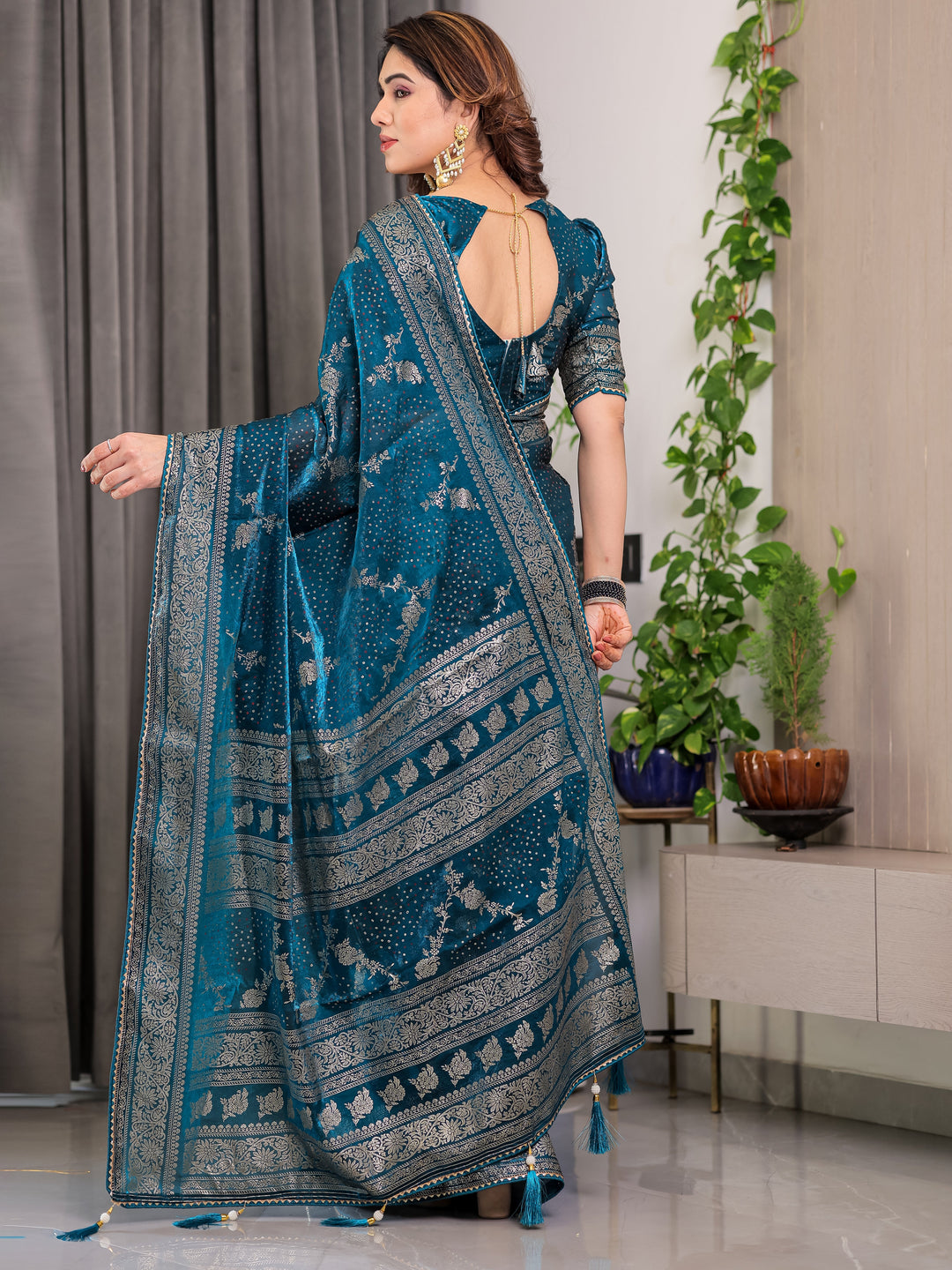 Teal Blue Fendi Satin Floral Block & Foil Printed Saree with Ornamental Border, Tassel Edges & Attached Blouse