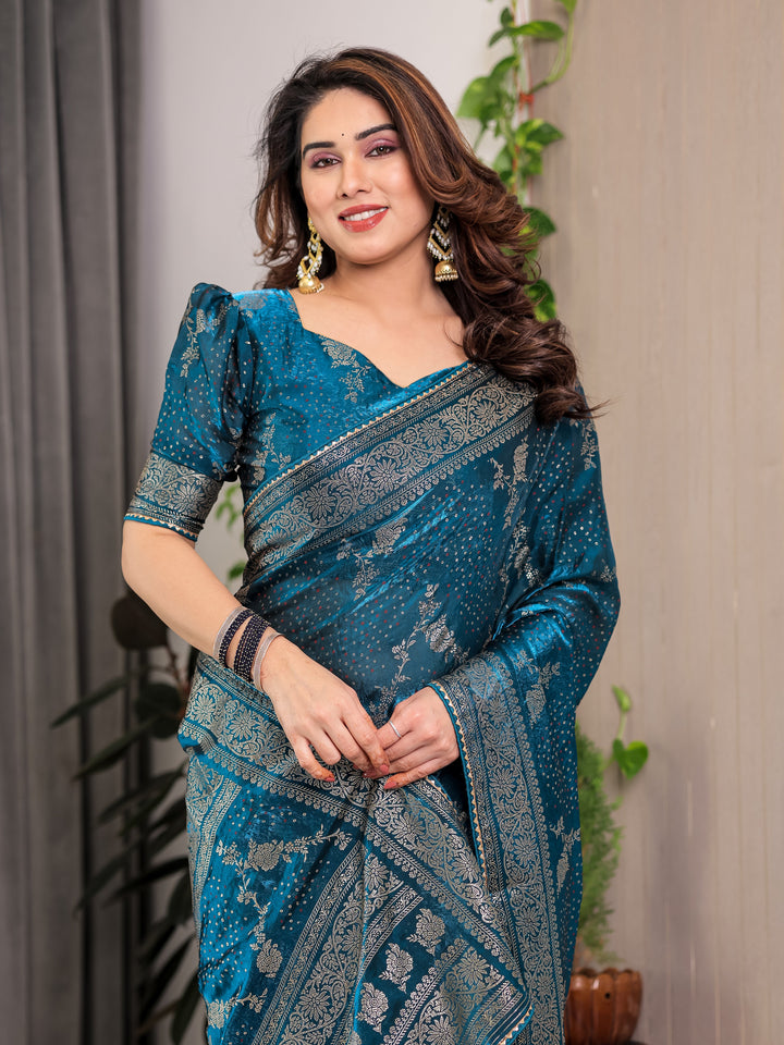 Teal Blue Fendi Satin Floral Block & Foil Printed Saree with Ornamental Border, Tassel Edges & Attached Blouse