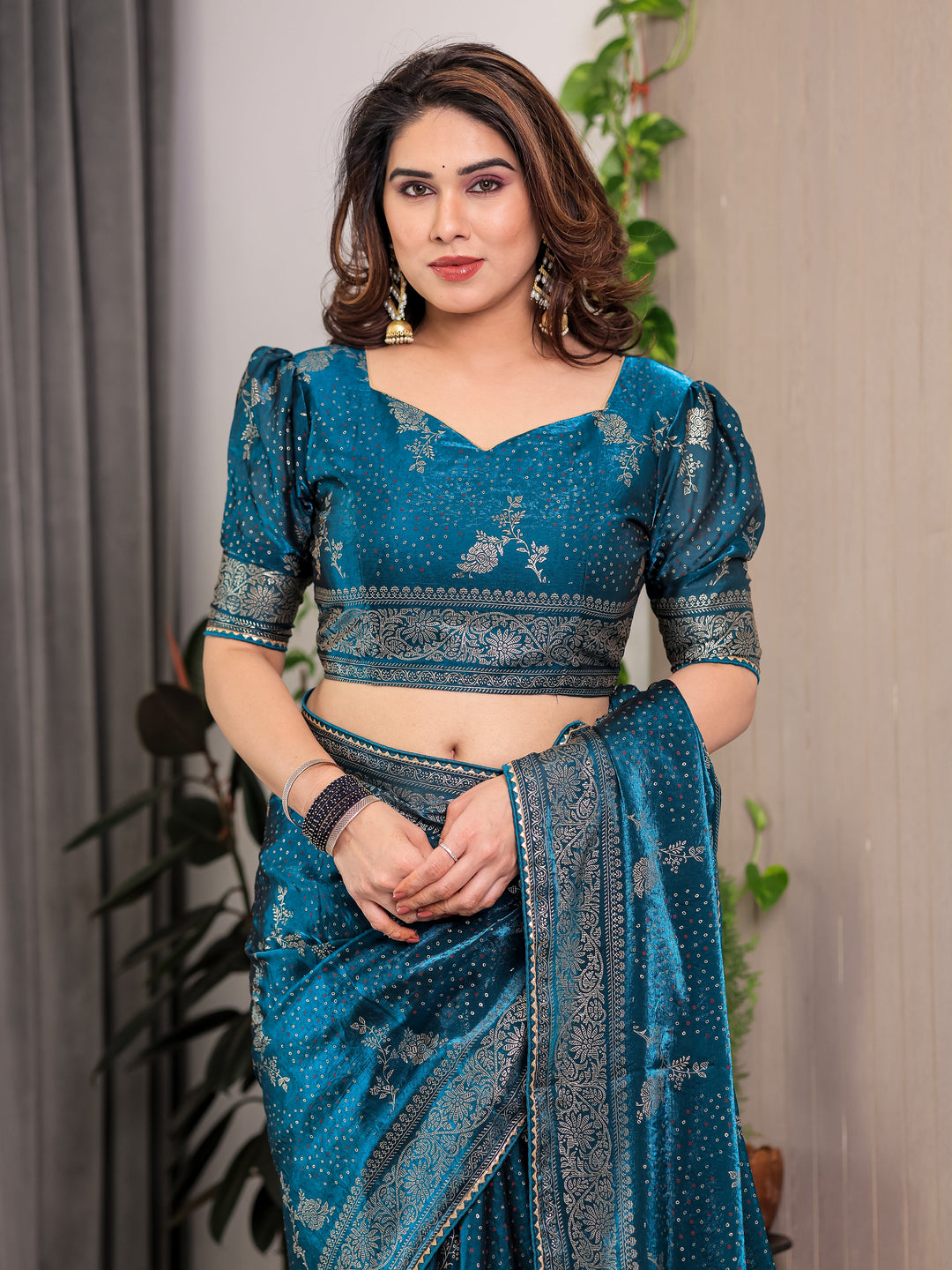 Teal Blue Fendi Satin Floral Block & Foil Printed Saree with Ornamental Border, Tassel Edges & Attached Blouse