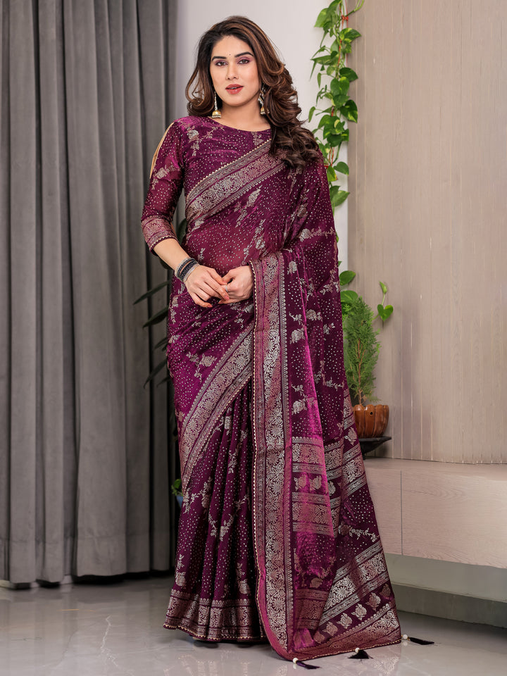 Wine Purple Fendi Satin Floral Block & Foil Printed Saree with Ornamental Border, Tassel Edges & Attached Blouse