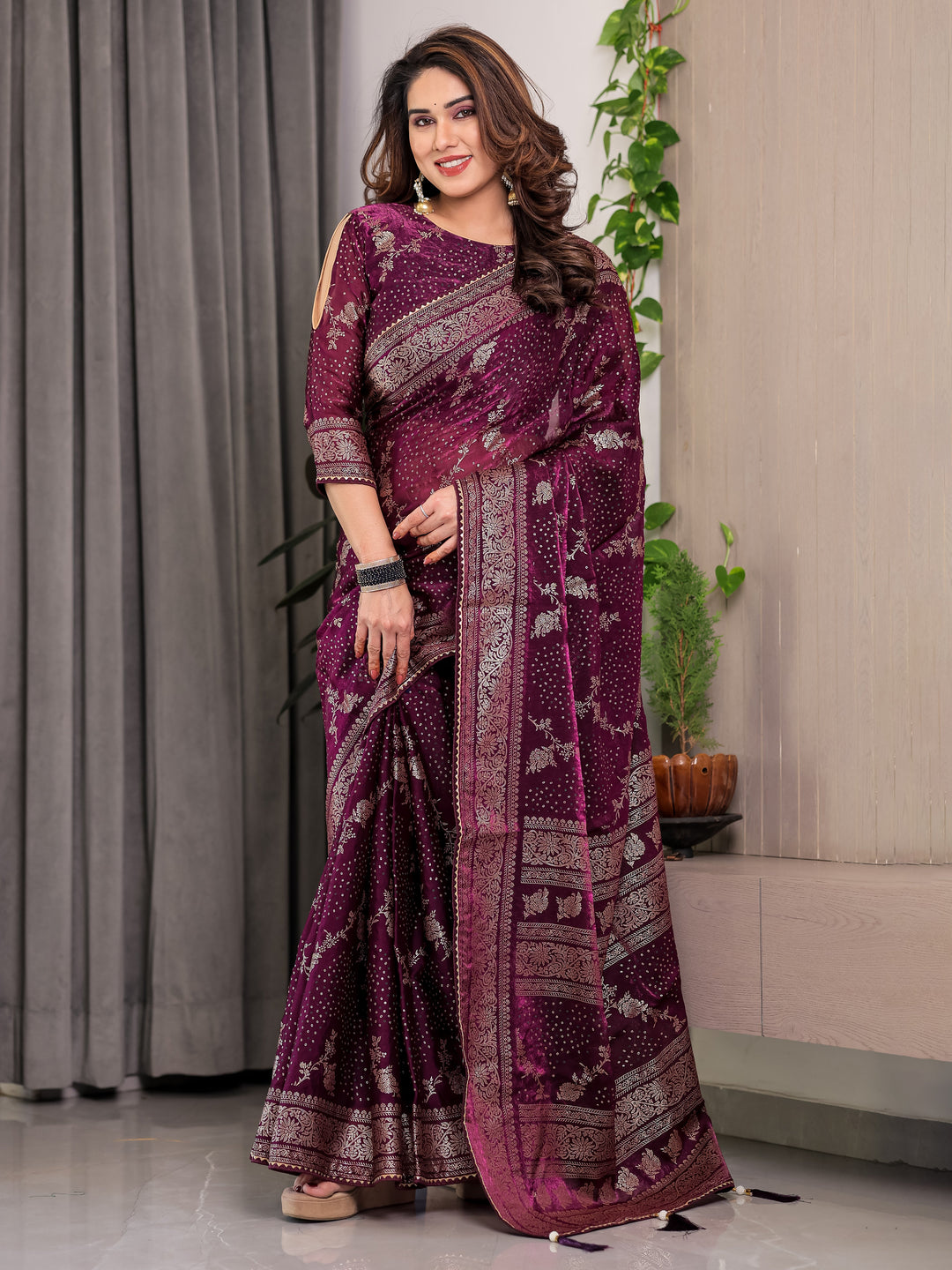 Wine Purple Fendi Satin Floral Block & Foil Printed Saree with Ornamental Border, Tassel Edges & Attached Blouse