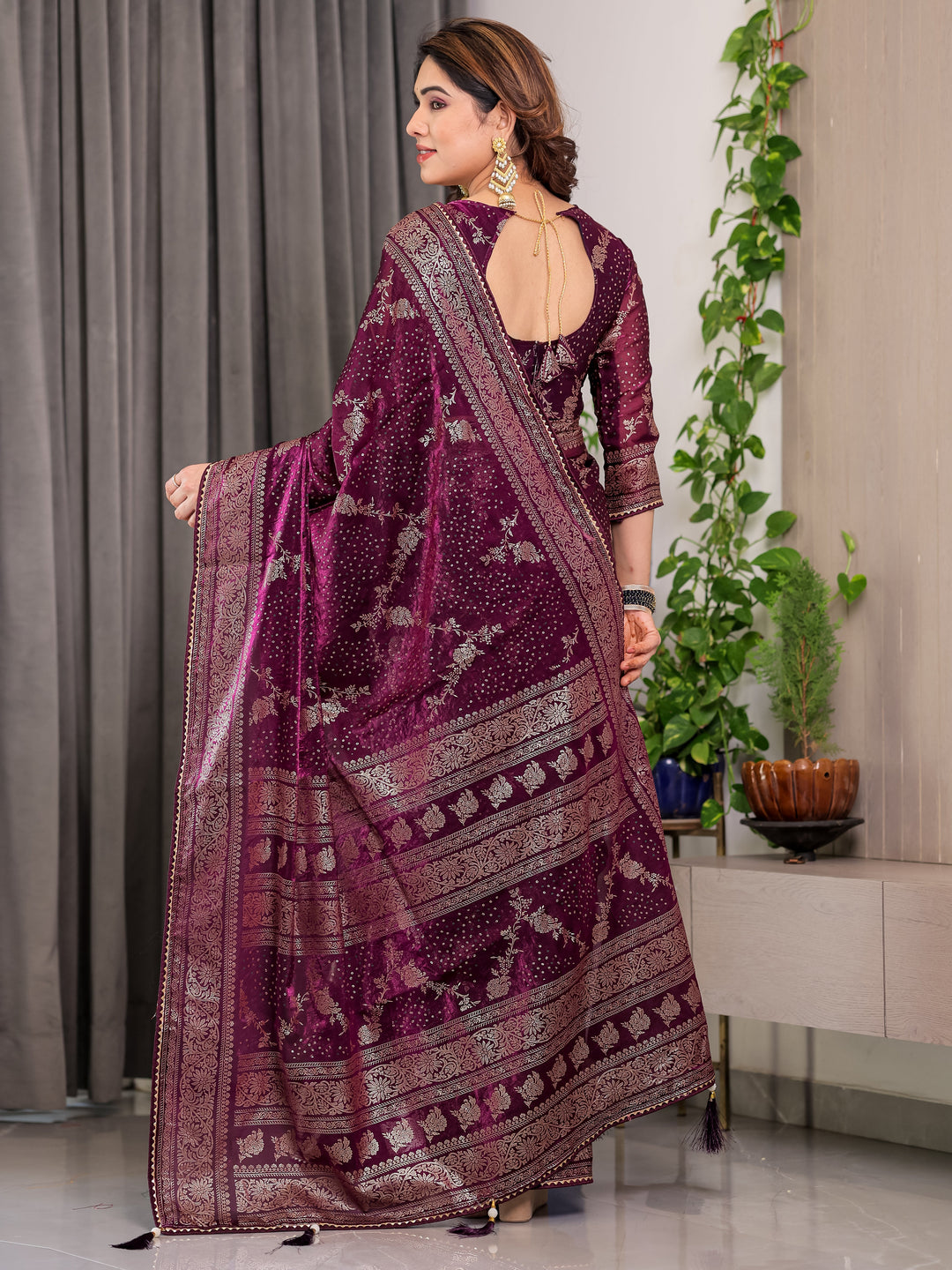 Wine Purple Fendi Satin Floral Block & Foil Printed Saree with Ornamental Border, Tassel Edges & Attached Blouse