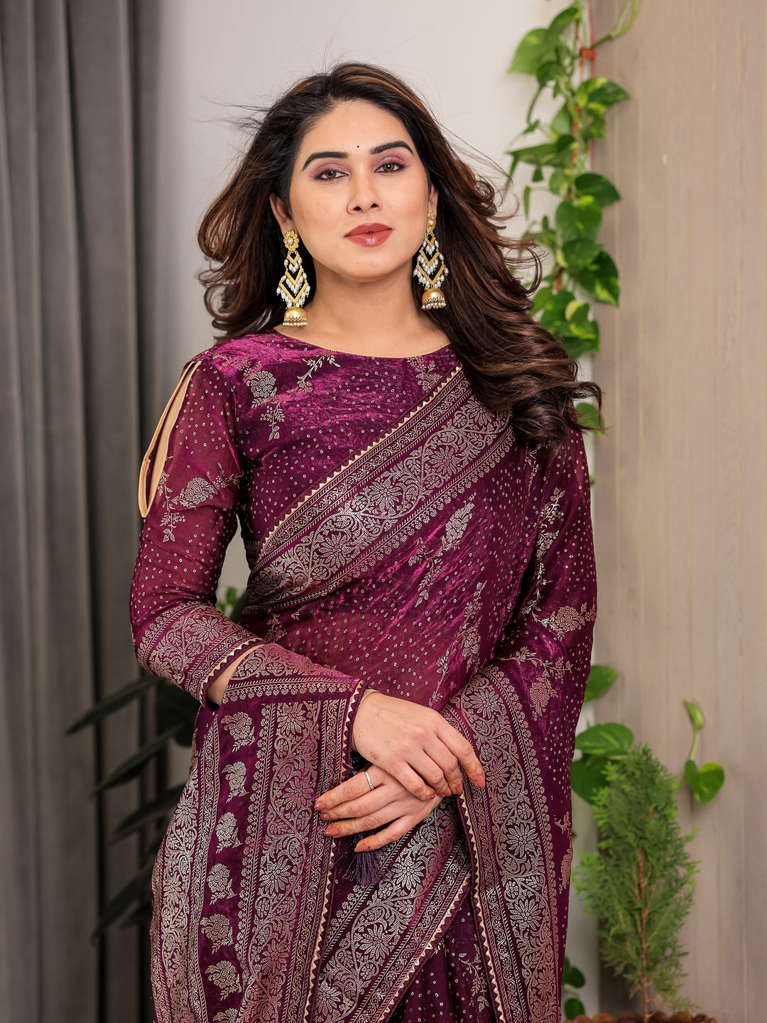 Wine Purple Fendi Satin Floral Block & Foil Printed Saree with Ornamental Border, Tassel Edges & Attached Blouse