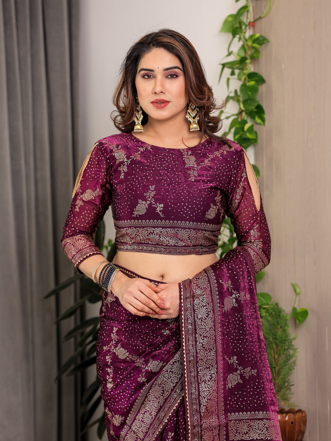 Wine Purple Fendi Satin Floral Block & Foil Printed Saree with Ornamental Border, Tassel Edges & Attached Blouse