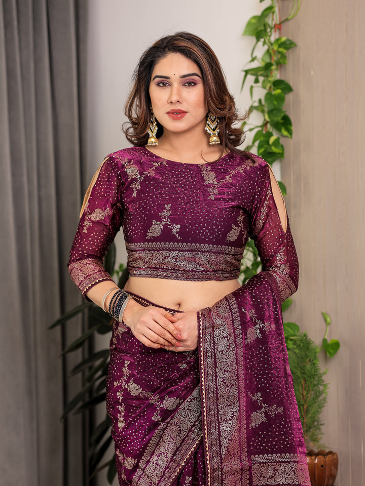 Wine Purple Fendi Satin Floral Block & Foil Printed Saree with Ornamental Border, Tassel Edges & Attached Blouse