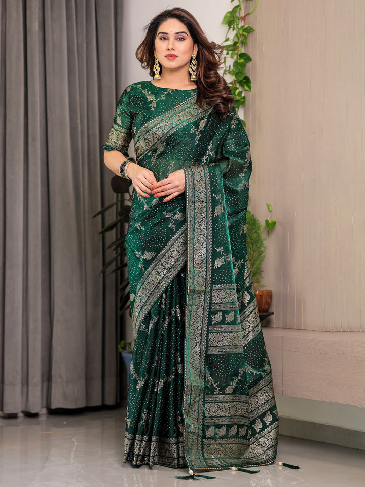 Bottle Green Fendi Satin Floral Block & Foil Printed Saree with Ornamental Border, Tassel Edges & Attached Blouse