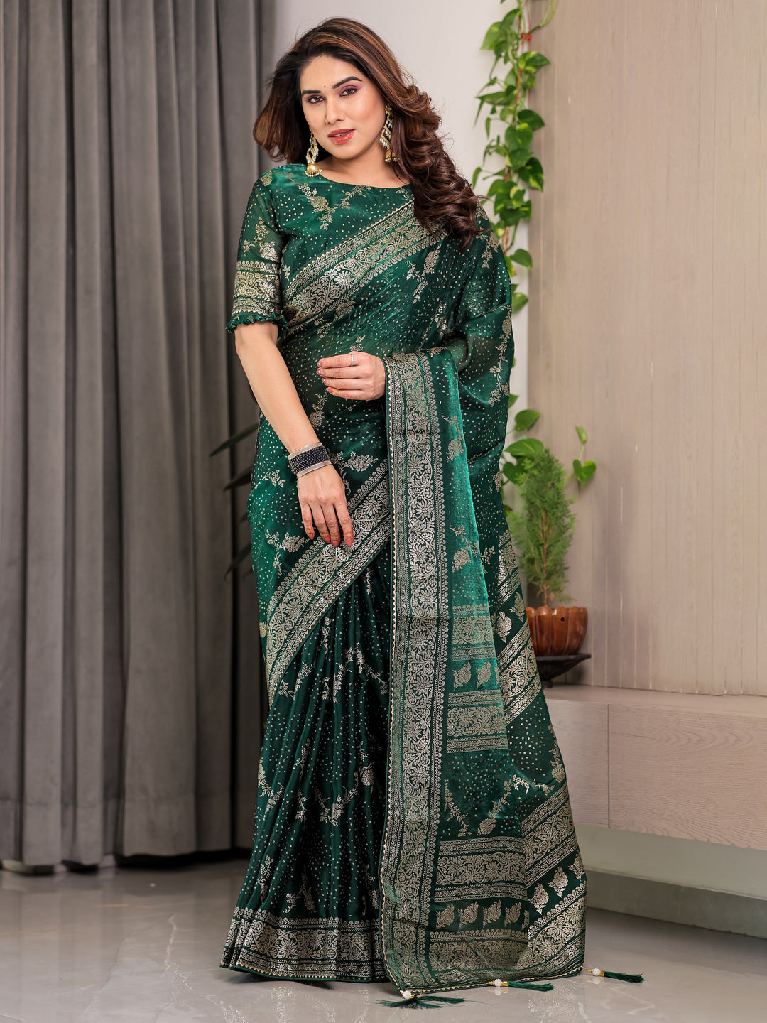Bottle Green Fendi Satin Floral Block & Foil Printed Saree with Ornamental Border, Tassel Edges & Attached Blouse