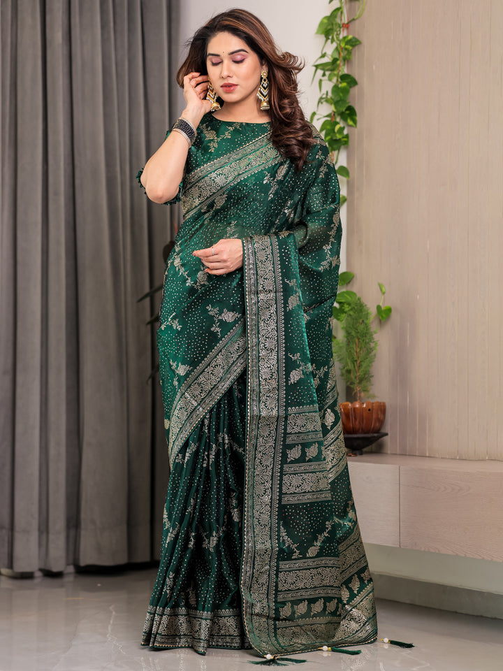 Bottle Green Fendi Satin Floral Block & Foil Printed Saree with Ornamental Border, Tassel Edges & Attached Blouse