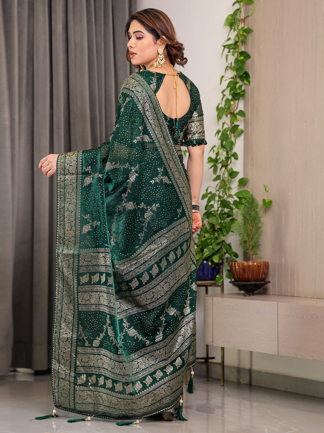 Bottle Green Fendi Satin Floral Block & Foil Printed Saree with Ornamental Border, Tassel Edges & Attached Blouse