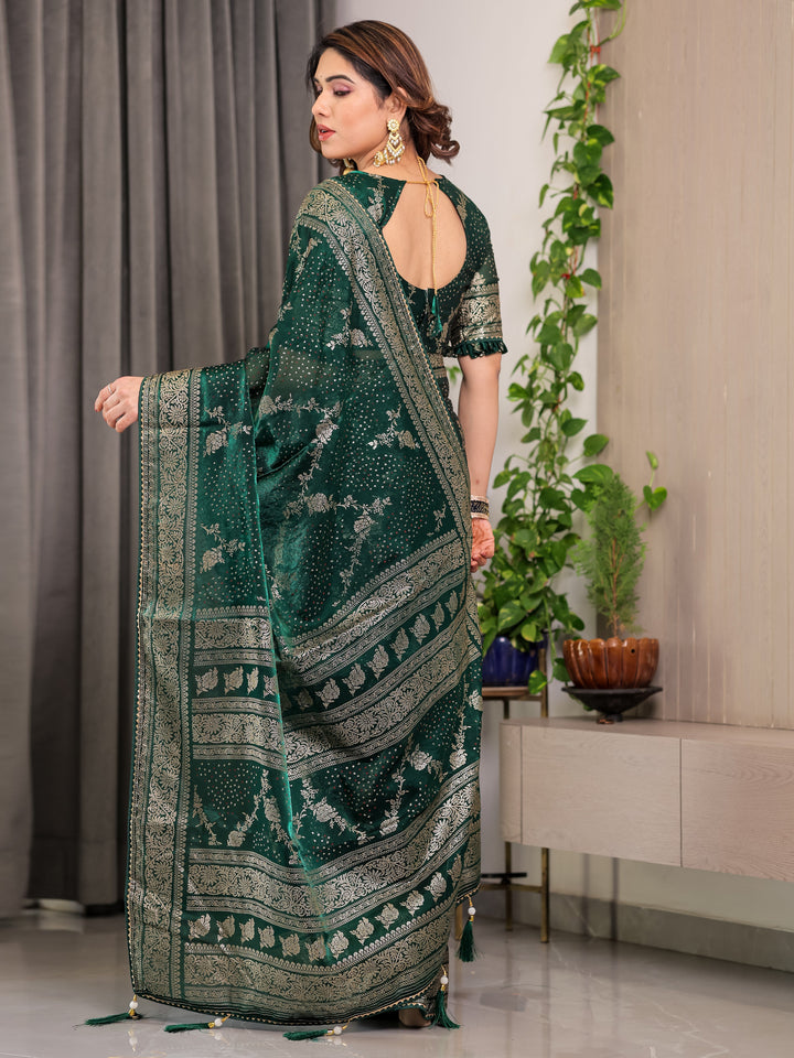 Bottle Green Fendi Satin Floral Block & Foil Printed Saree with Ornamental Border, Tassel Edges & Attached Blouse