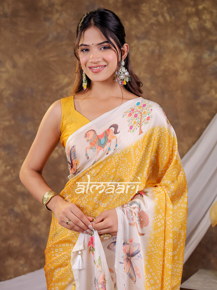 Vantara Mustard Yellow Satin Chiffon Printed Saree with Floral Heritage Print, Designer Tassel Pallu & Matching Blouse Piece