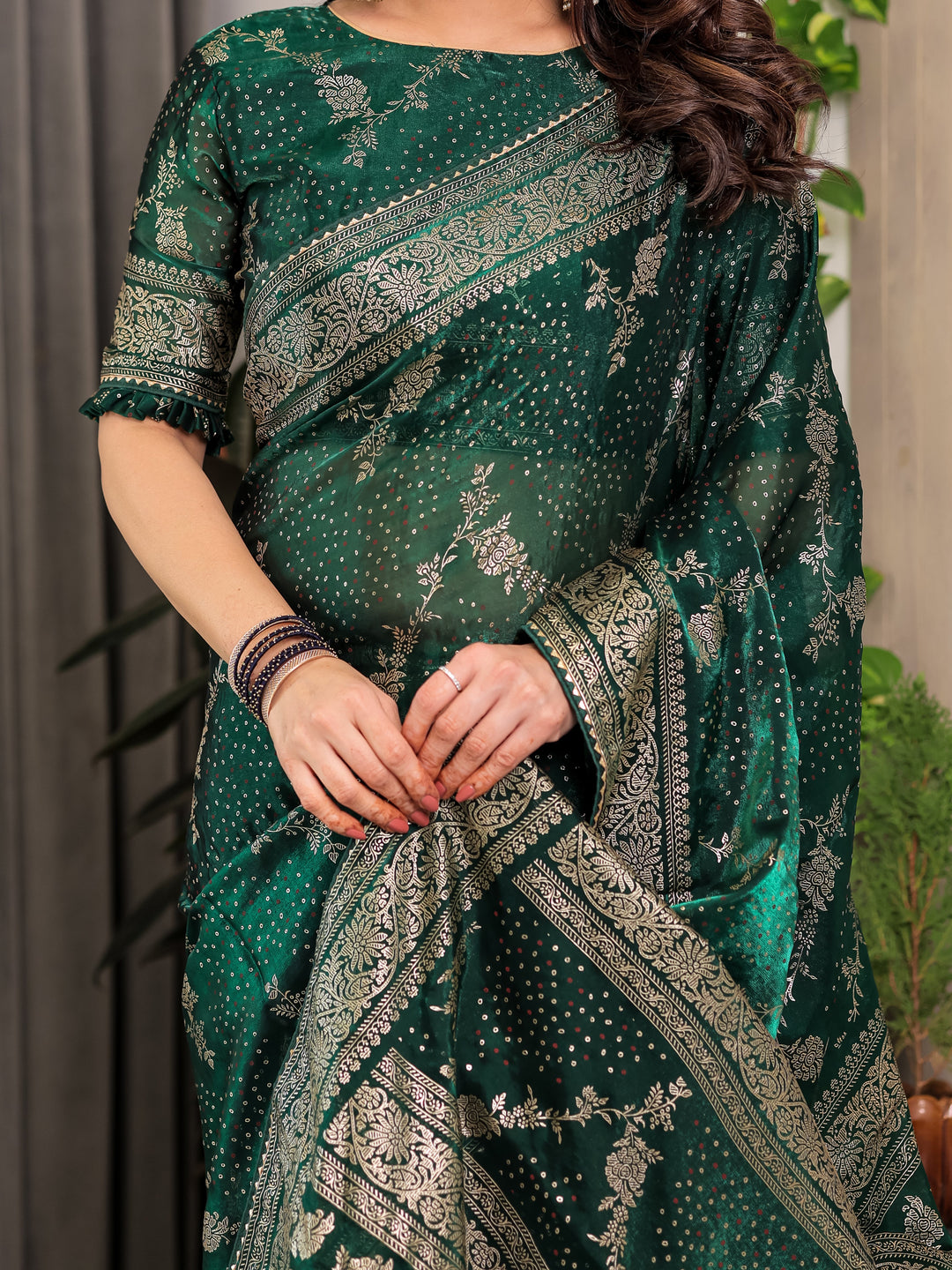 Bottle Green Fendi Satin Floral Block & Foil Printed Saree with Ornamental Border, Tassel Edges & Attached Blouse