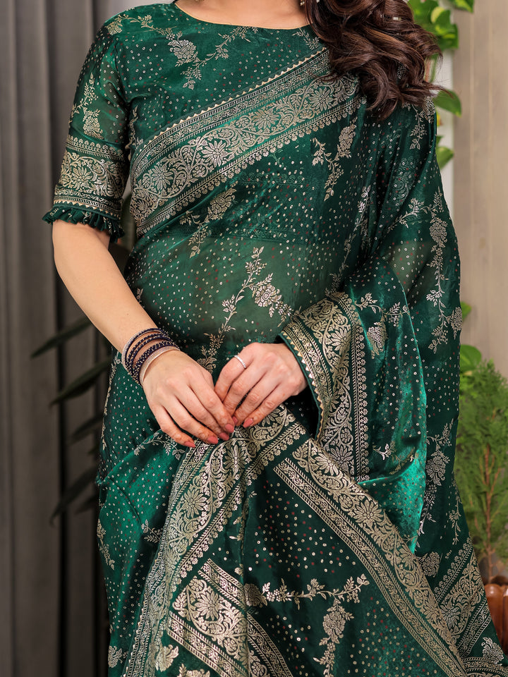 Bottle Green Fendi Satin Floral Block & Foil Printed Saree with Ornamental Border, Tassel Edges & Attached Blouse