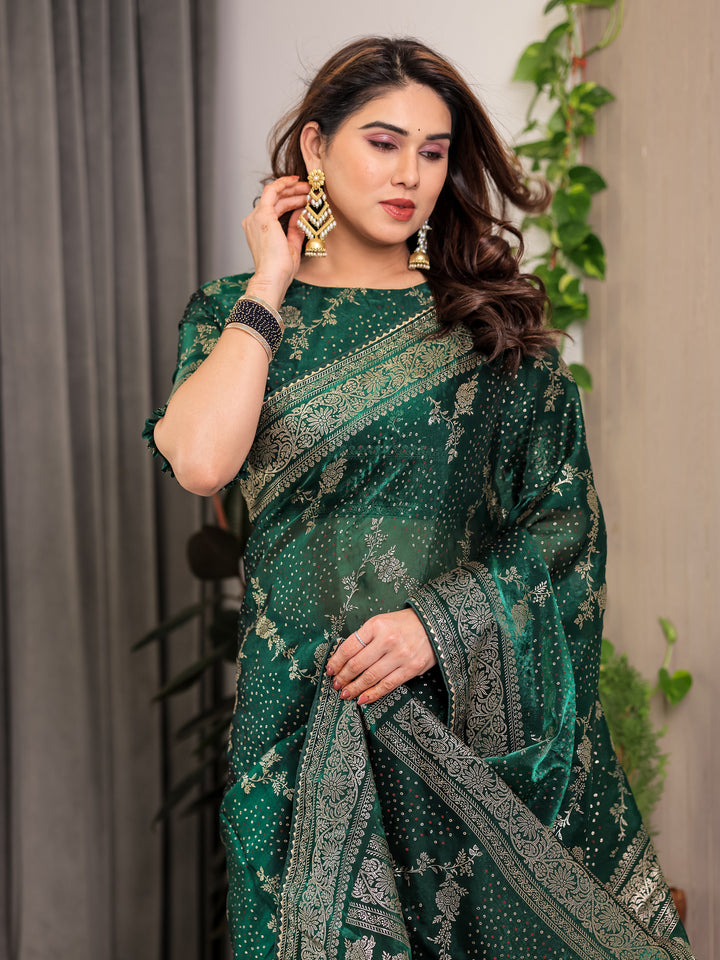 Bottle Green Fendi Satin Floral Block & Foil Printed Saree with Ornamental Border, Tassel Edges & Attached Blouse
