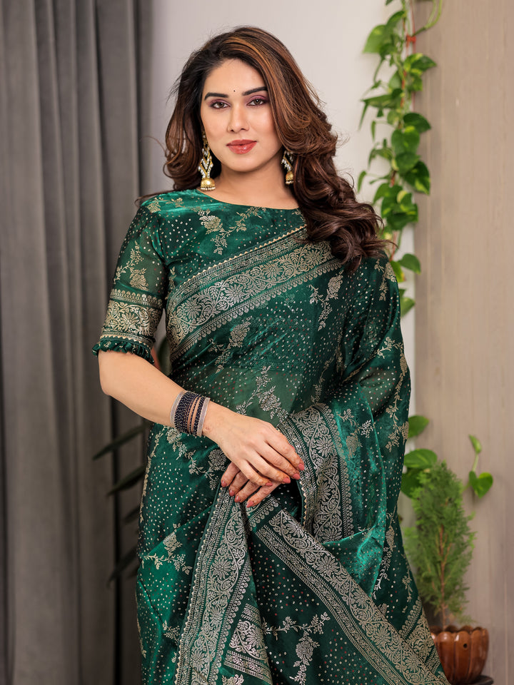Bottle Green Fendi Satin Floral Block & Foil Printed Saree with Ornamental Border, Tassel Edges & Attached Blouse