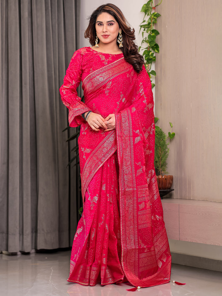 Rani Pink Fendi Satin Floral Block & Foil Printed Saree with Ornamental Border, Tassel Edges & Attached Blouse