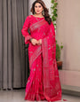 Rani Pink Fendi Satin Floral Block & Foil Printed Saree with Ornamental Border, Tassel Edges & Attached Blouse