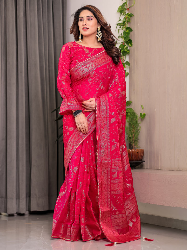 Rani Pink Fendi Satin Floral Block & Foil Printed Saree with Ornamental Border, Tassel Edges & Attached Blouse
