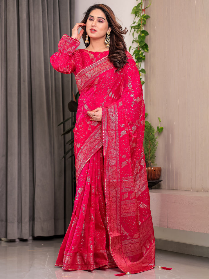 Rani Pink Fendi Satin Floral Block & Foil Printed Saree with Ornamental Border, Tassel Edges & Attached Blouse