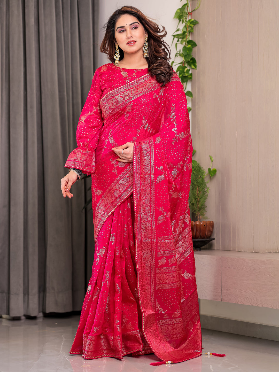 Rani Pink Fendi Satin Floral Block & Foil Printed Saree with Ornamental Border, Tassel Edges & Attached Blouse