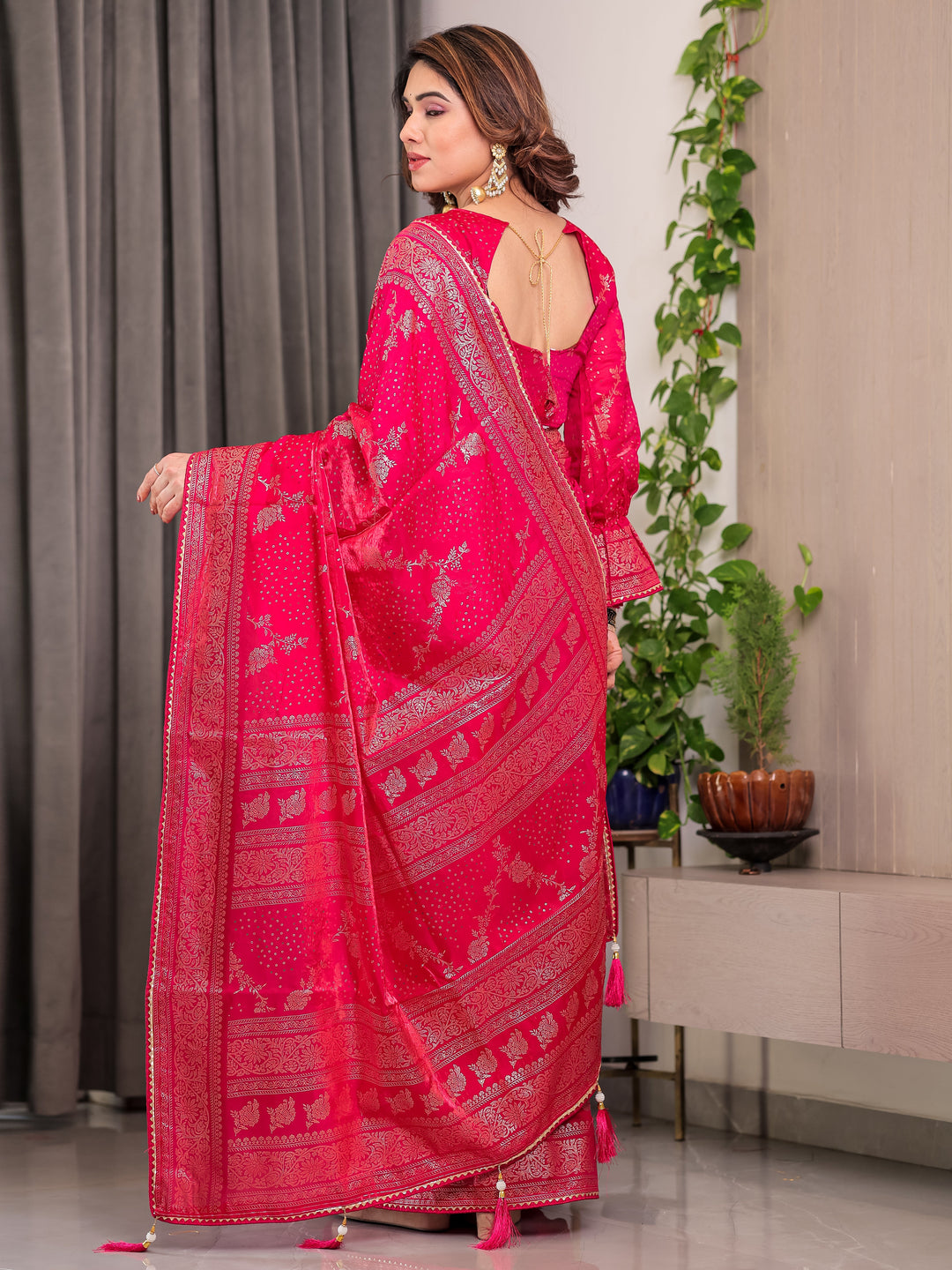 Rani Pink Fendi Satin Floral Block & Foil Printed Saree with Ornamental Border, Tassel Edges & Attached Blouse