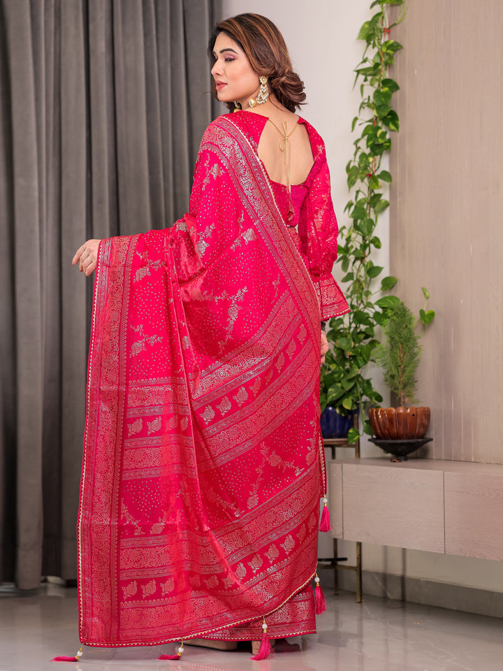 Rani Pink Fendi Satin Floral Block & Foil Printed Saree with Ornamental Border, Tassel Edges & Attached Blouse