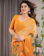Vibrant Orange Cotton Linen Saree with Traditional Dance Motif Pallu & Zari Border | With Blouse