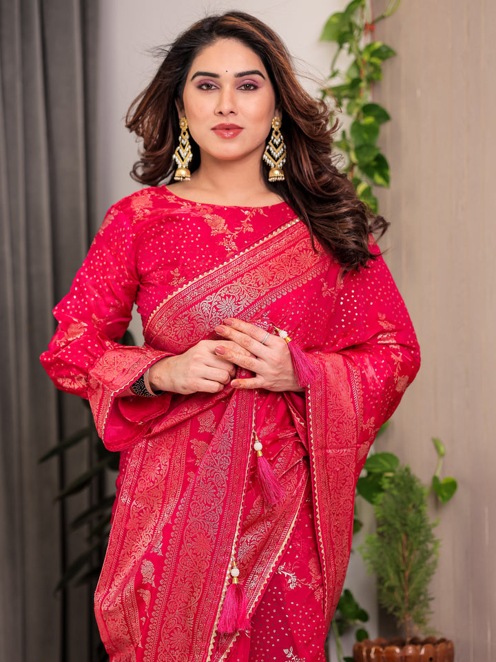 Rani Pink Fendi Satin Floral Block & Foil Printed Saree with Ornamental Border, Tassel Edges & Attached Blouse