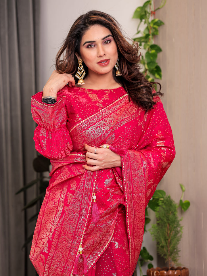 Rani Pink Fendi Satin Floral Block & Foil Printed Saree with Ornamental Border, Tassel Edges & Attached Blouse