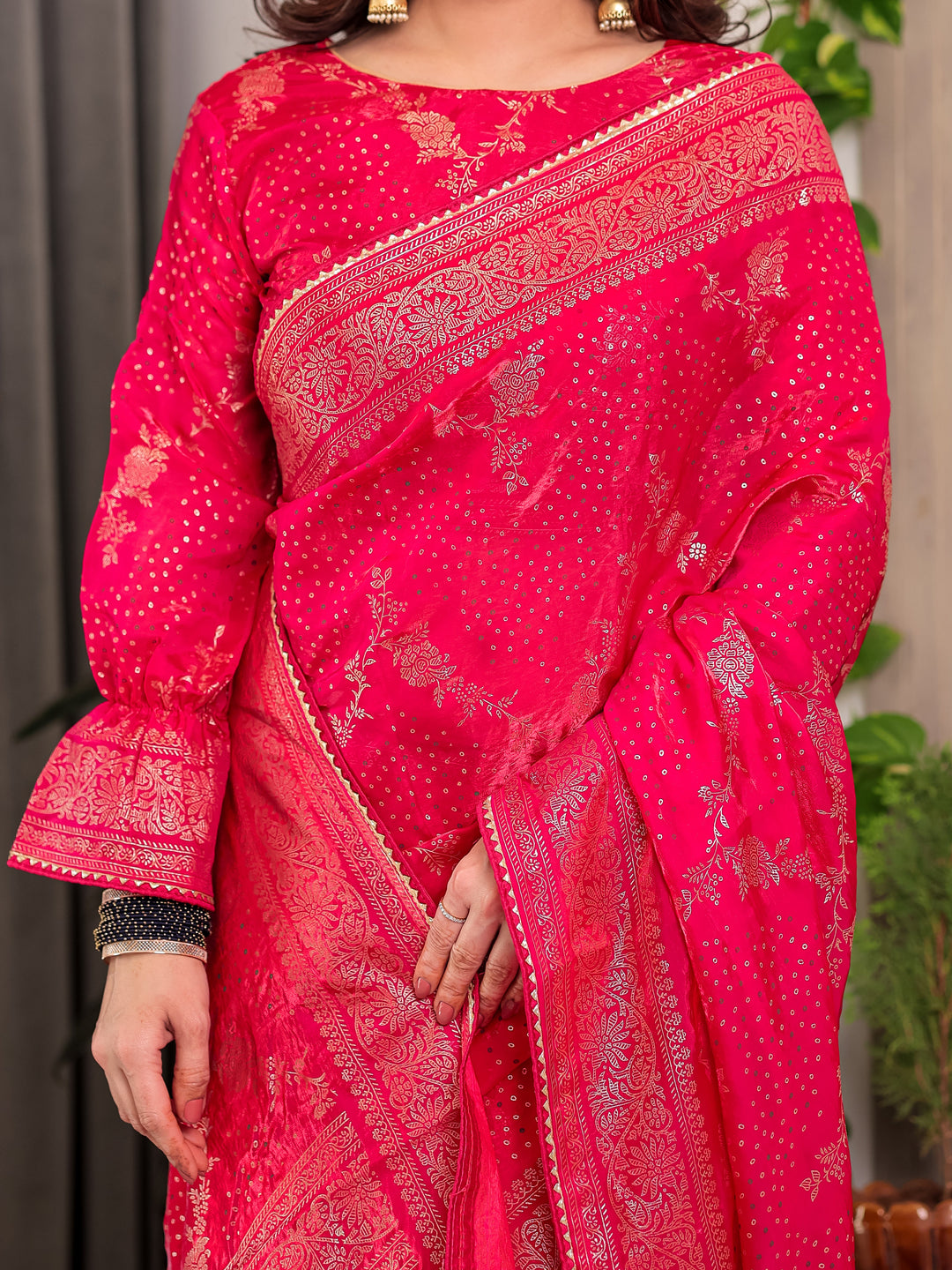 Rani Pink Fendi Satin Floral Block & Foil Printed Saree with Ornamental Border, Tassel Edges & Attached Blouse