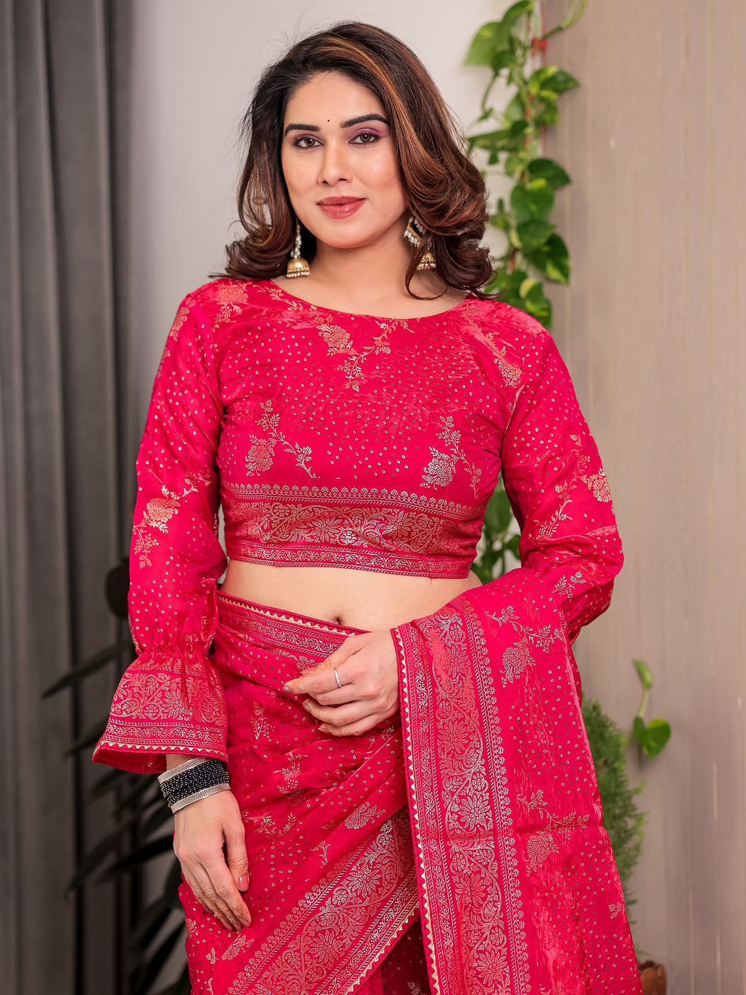 Rani Pink Fendi Satin Floral Block & Foil Printed Saree with Ornamental Border, Tassel Edges & Attached Blouse