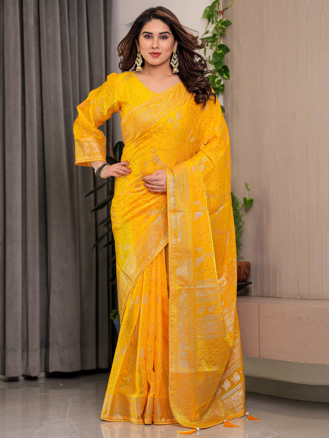 Mustard Yellow Fendi Satin Floral Block & Foil Printed Saree with Ornamental Border, Tassel Edges & Attached Blouse