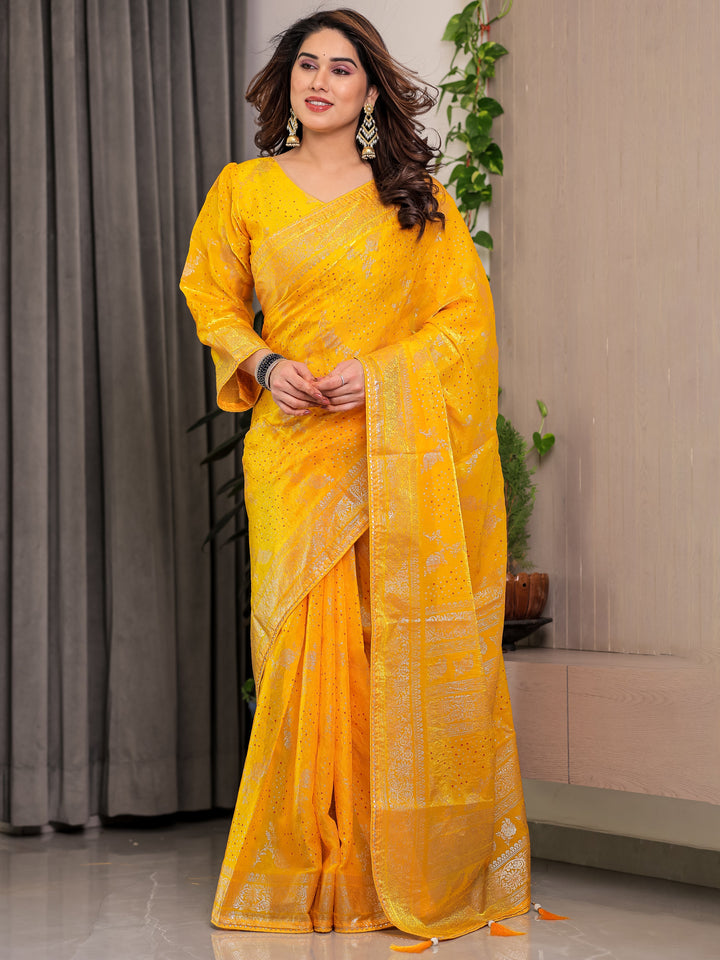 Mustard Yellow Fendi Satin Floral Block & Foil Printed Saree with Ornamental Border, Tassel Edges & Attached Blouse