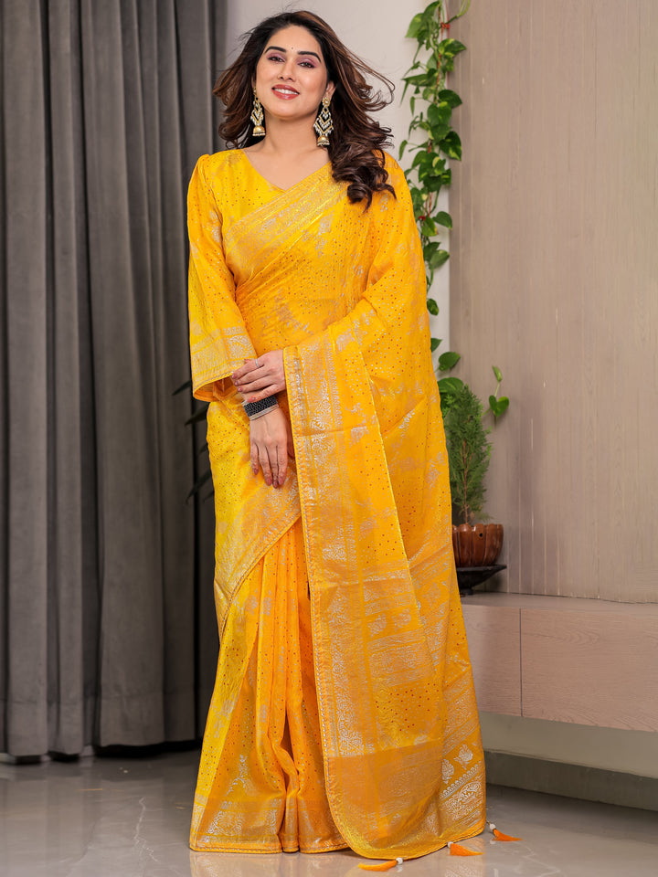 Mustard Yellow Fendi Satin Floral Block & Foil Printed Saree with Ornamental Border, Tassel Edges & Attached Blouse