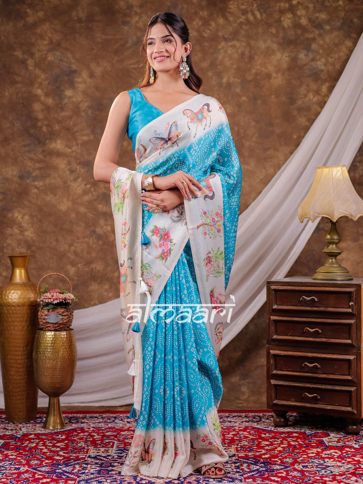 Vantara Aqua Blue Satin Chiffon Printed Saree with Heritage Floral Print, Designer Tassel Pallu & Matching Blouse Piece