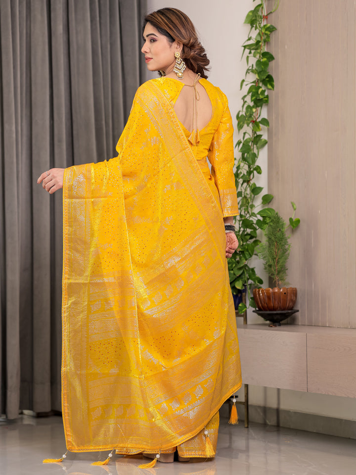 Mustard Yellow Fendi Satin Floral Block & Foil Printed Saree with Ornamental Border, Tassel Edges & Attached Blouse