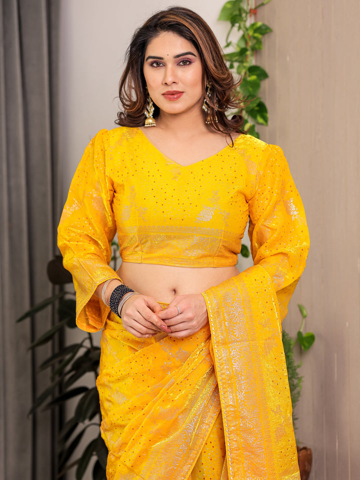 Mustard Yellow Fendi Satin Floral Block & Foil Printed Saree with Ornamental Border, Tassel Edges & Attached Blouse