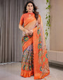 Vibrant Orange Cotton Linen Saree with Tribal Art Pallu & Zari Border | Festival Print | With Blouse