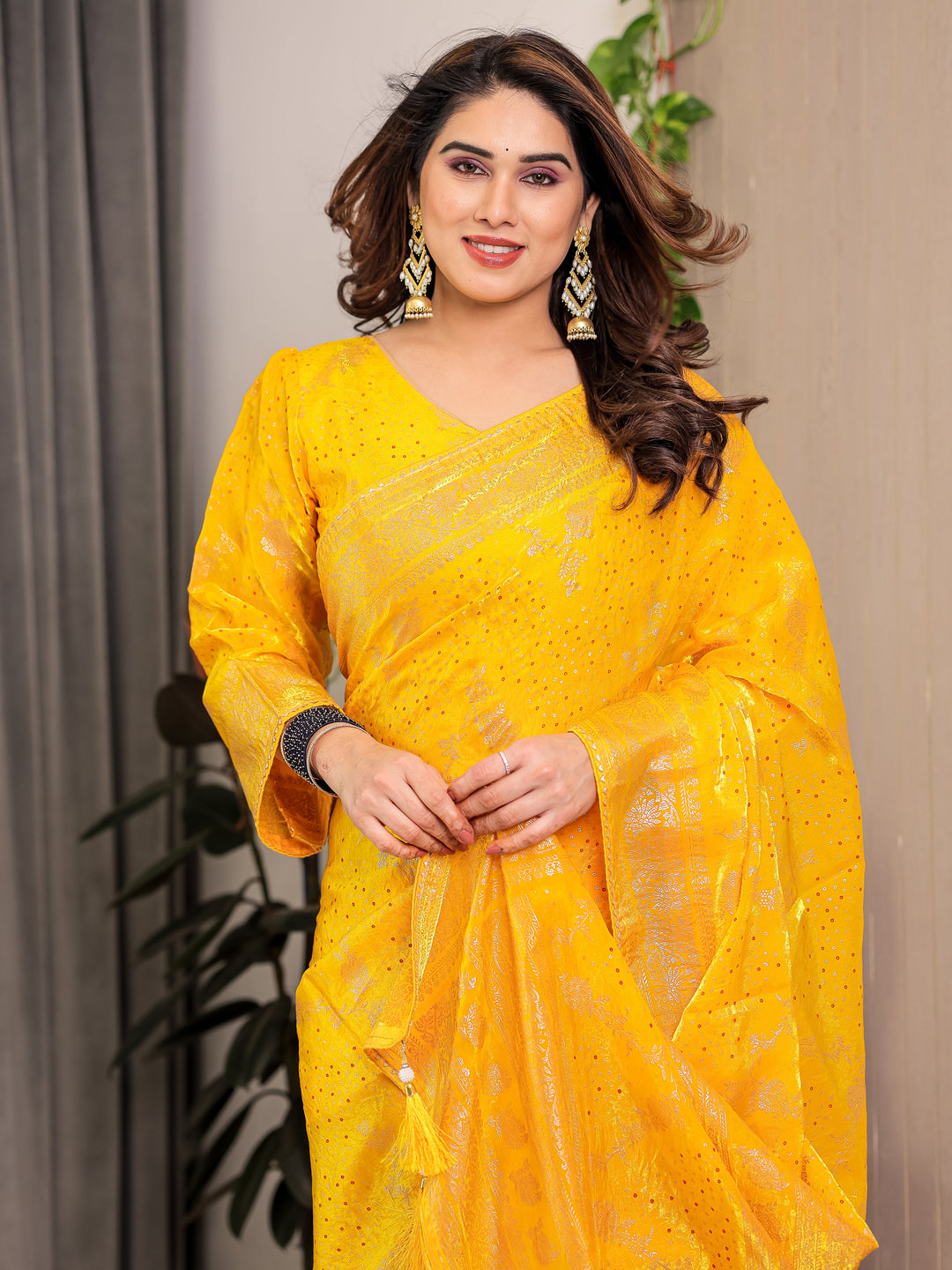 Mustard Yellow Fendi Satin Floral Block & Foil Printed Saree with Ornamental Border, Tassel Edges & Attached Blouse