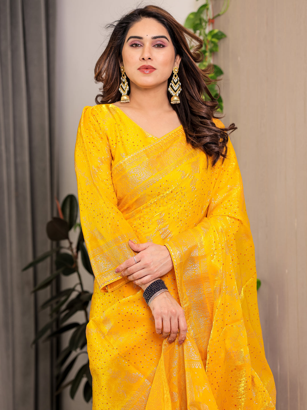 Mustard Yellow Fendi Satin Floral Block & Foil Printed Saree with Ornamental Border, Tassel Edges & Attached Blouse