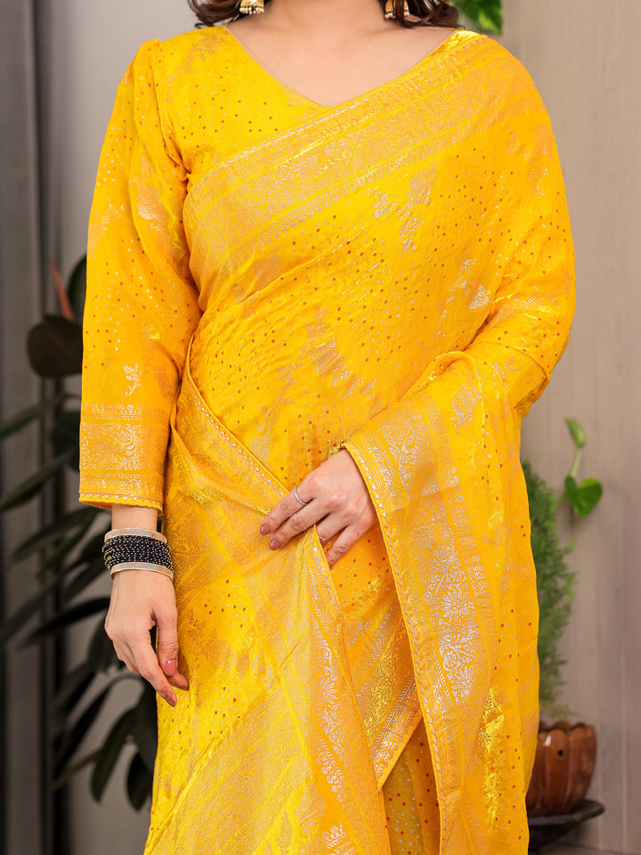 Mustard Yellow Fendi Satin Floral Block & Foil Printed Saree with Ornamental Border, Tassel Edges & Attached Blouse