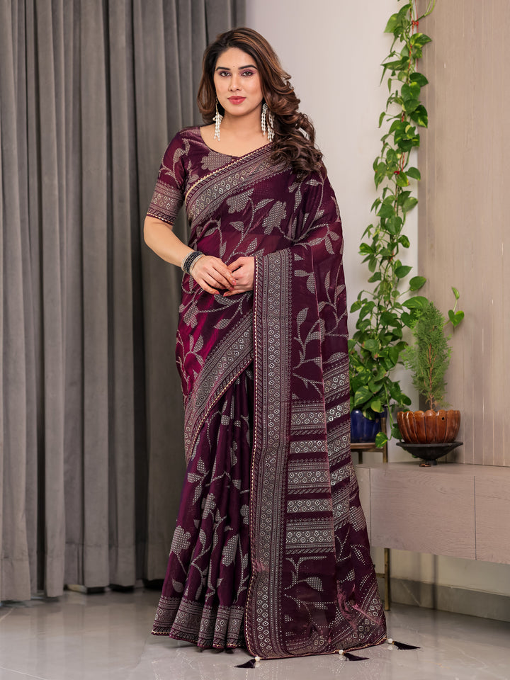 Wine Plum Fendi Satin Leafy Floral Block & Foil Printed Saree with Geometric Border, Tassel Edges & Attached Blouse