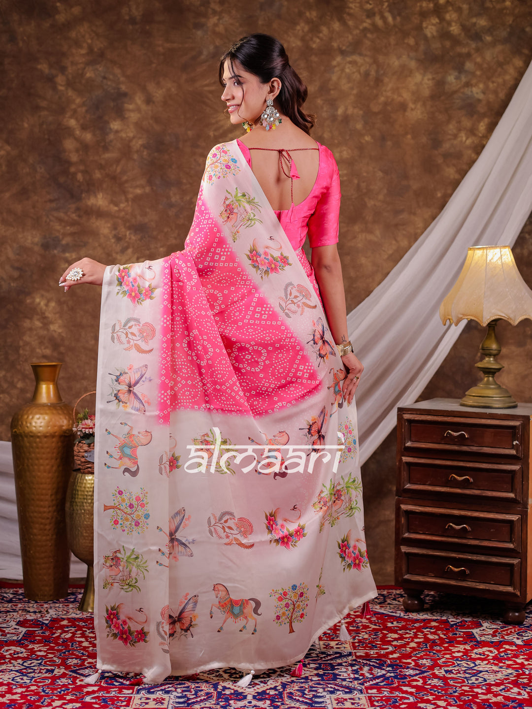 Vantara Hot Pink Satin Chiffon Printed Saree with Heritage Floral Print, Designer Tassel Pallu & Matching Blouse Piece