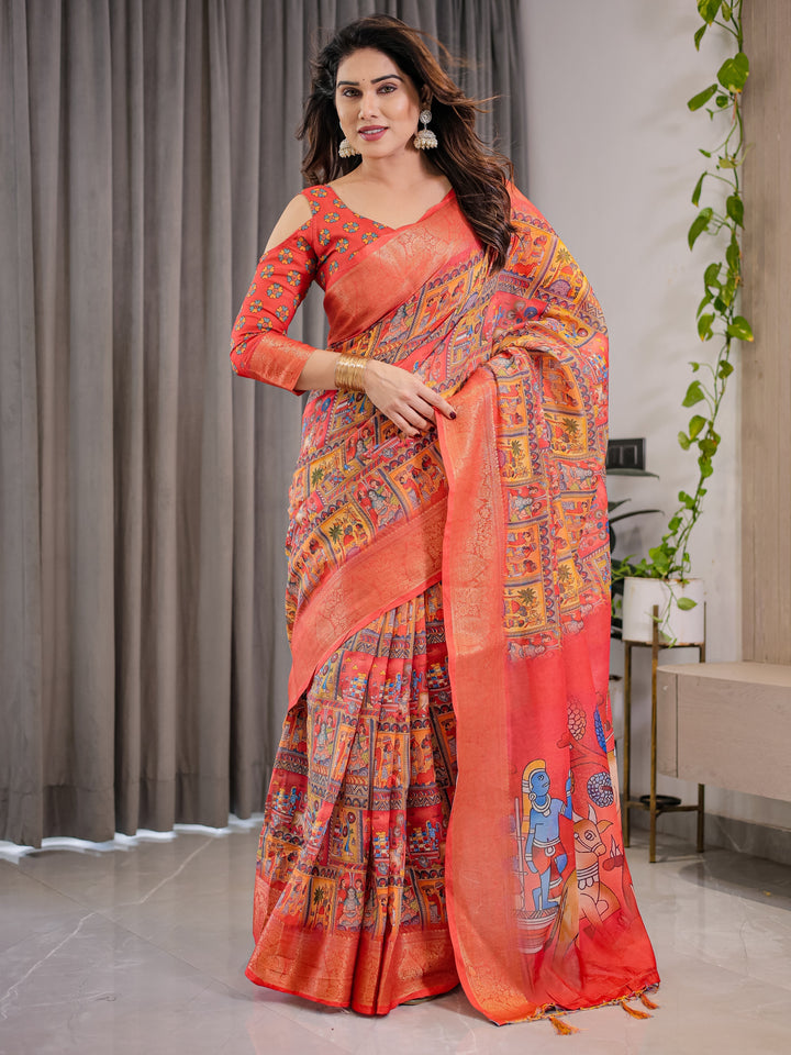 Rust Red Cotton Linen Saree with Madhubani Folk Art Pallu & Zari Border | Ethnic Digital Print | With Blouse Piece