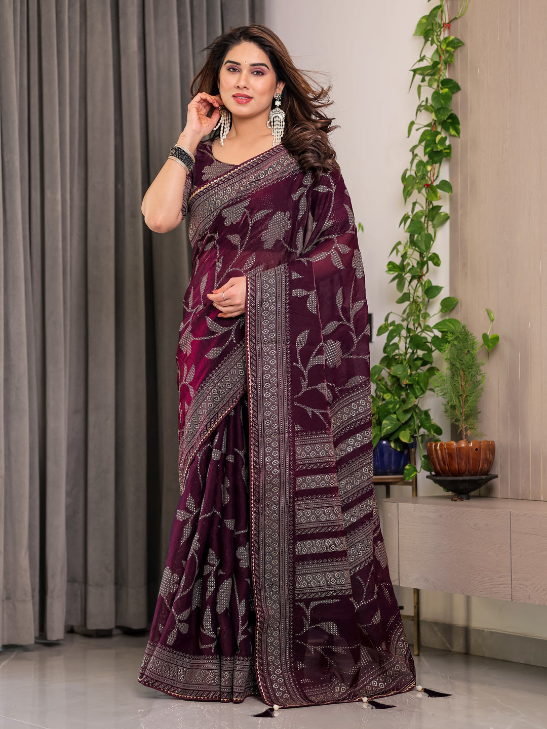 Wine Plum Fendi Satin Leafy Floral Block & Foil Printed Saree with Geometric Border, Tassel Edges & Attached Blouse