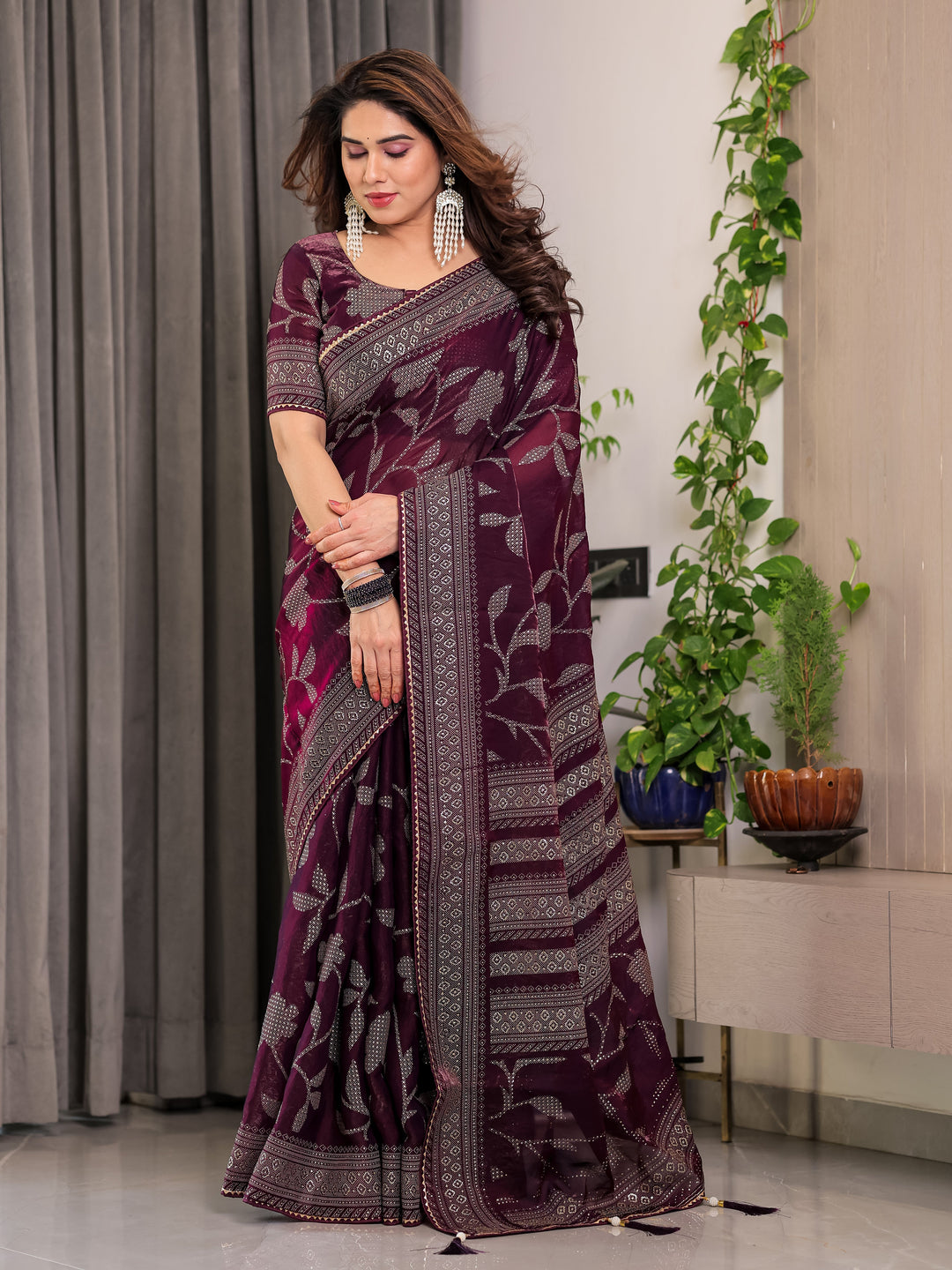 Wine Plum Fendi Satin Leafy Floral Block & Foil Printed Saree with Geometric Border, Tassel Edges & Attached Blouse