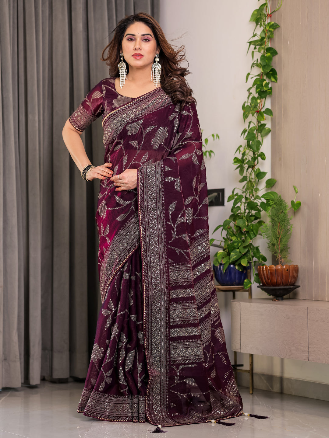 Wine Plum Fendi Satin Leafy Floral Block & Foil Printed Saree with Geometric Border, Tassel Edges & Attached Blouse