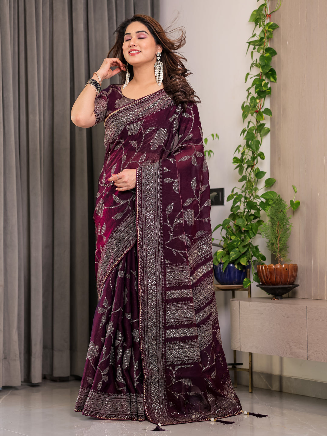 Wine Plum Fendi Satin Leafy Floral Block & Foil Printed Saree with Geometric Border, Tassel Edges & Attached Blouse
