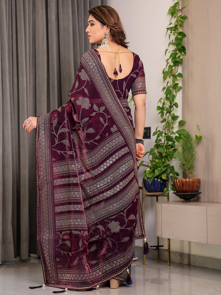 Wine Plum Fendi Satin Leafy Floral Block & Foil Printed Saree with Geometric Border, Tassel Edges & Attached Blouse